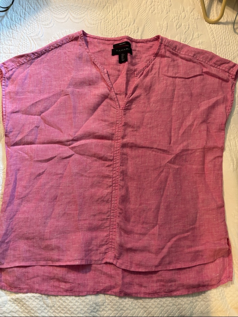Tahari Raspberry-Pink Sleeveless V-Neck LinenTop